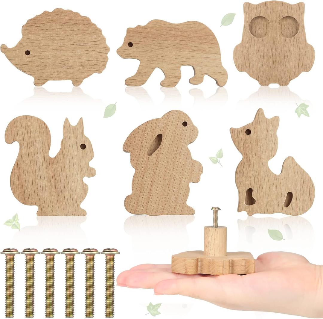Qunclay 6 Sets Wooden Animal Dresser Knobs Decorative Nursery Wood Drawer Pulls with Screws Furniture Pulls Handles for Nursery Home Bedroom Kitchen Cabinets Hardware Cupboard (Forest Animal)