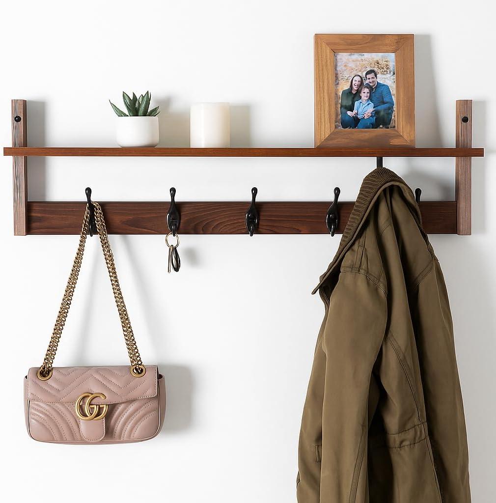 29" Coat Rack Wall Mount with Shelf, Entryway Wall Hooks with Shelf, Coat Hangers for Bathroom, Living Room, Bedroom