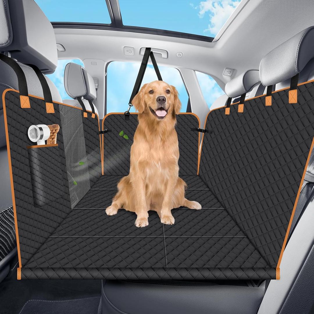 Dog Car Seat Cover for Back Seat, Hard Bottom Holds 420lbs Dog Hammock for Cars SUVs Trucks, Easy to Clean, Waterproof Scratch-Proof Nonslip Backseat Extender for Dogs (Black)