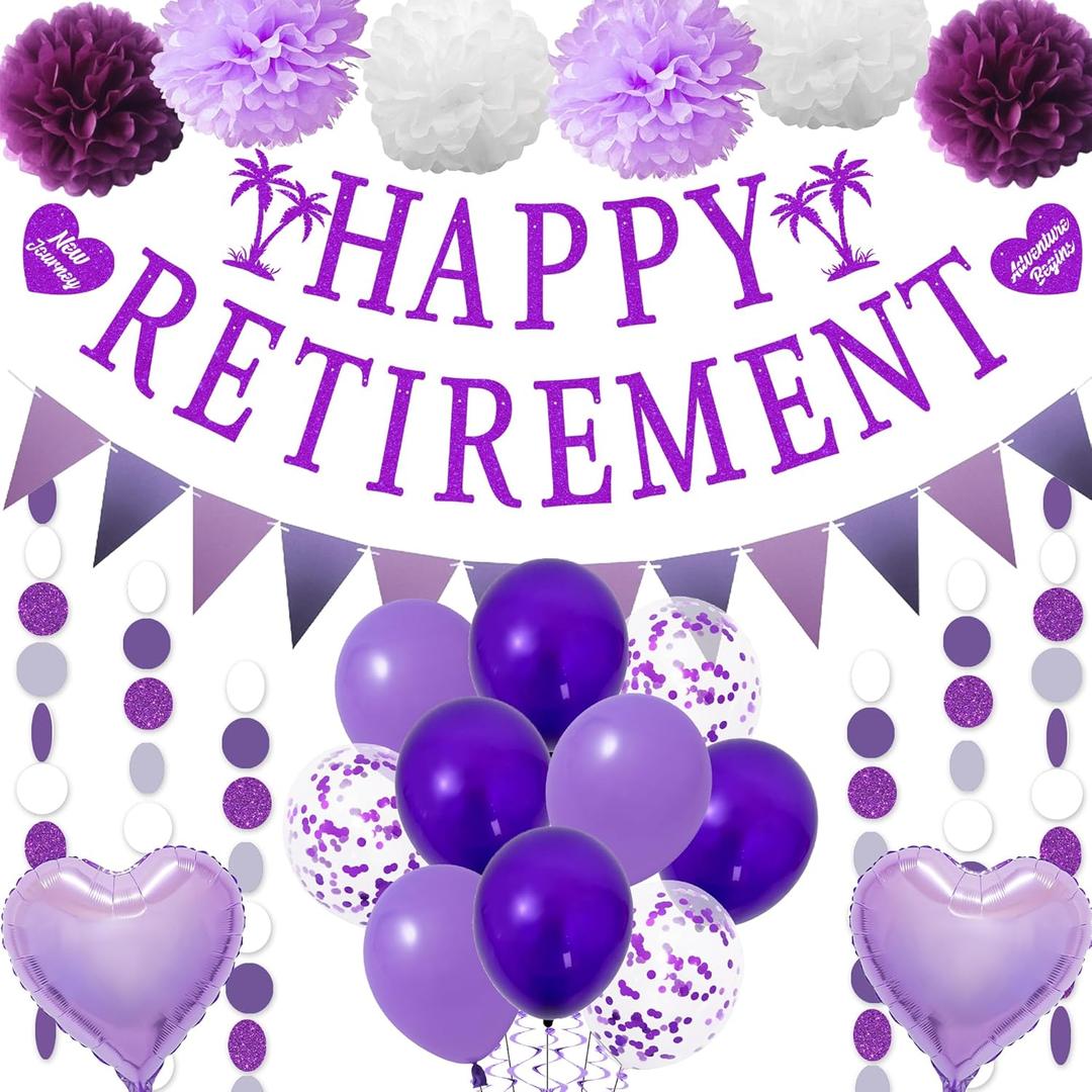 Retirement Party Decorations for Women - Purple Happy Retirement Banner Balloons, Garland Paper Pompoms Bunting Farewell Decor for Retired Coworker