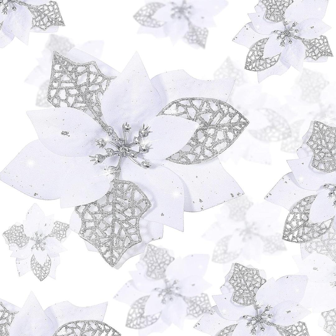 WILLBOND 36 Pieces White Christmas Poinsettia Glitter Faux Flowers Artificial Flowers Tree Ornaments Topper Xmas Decorations