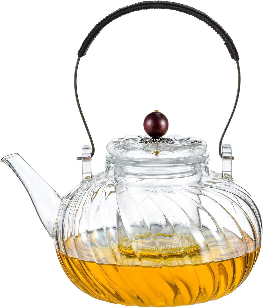 Wlasss Glass Teapot with Removable Infuser, Stovetop Safe Glass Tea Kettle, 980 ml 33 oz, Clear Teapot for Loose Tea, Tea pot for Blooming Flower Tea and Loose Leaf, Tea Maker Gift
