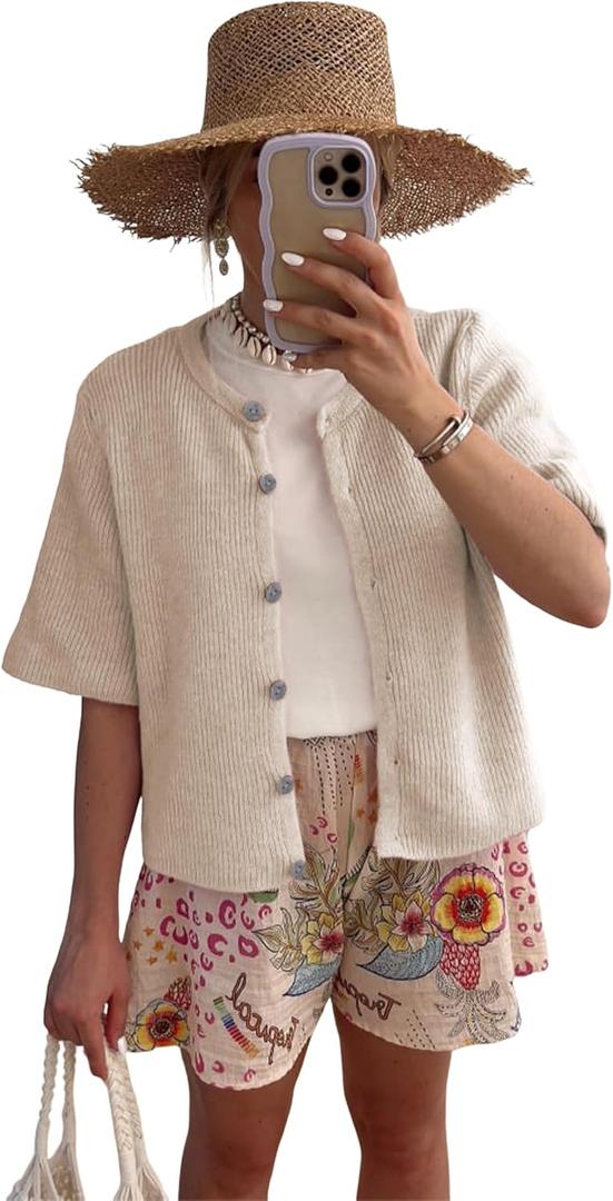 SCUSTY Women's Lightweight Cardigan Short Sleeve Button-Down Summer Cardigan Sweater (Medium, Cream)