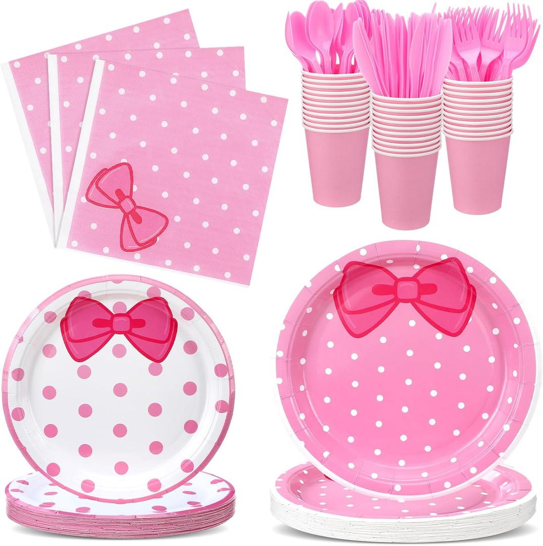 Funnymoom 175 Pcs Pink Cat Party Supplies Bow Plates and Napkins Tableware Set Cute Cat Bow Disposable Dinnerware for Birthday Baby Shower Cute Kitty Party Favors for 25 Guests