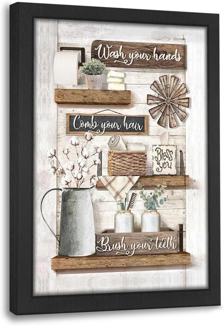 Farmhouse Bathroom Decor Rustic Canvas Bathroom Pictures Wall Art Print Country Bathroom Toilet Signs Painting Artwork Modern Restroom Decoration Framed 8"X10"