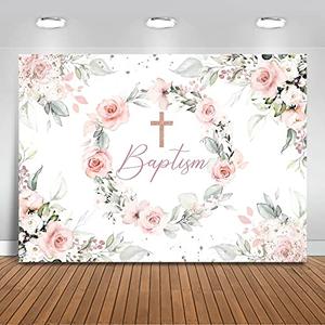 Mocsicka Baptism Baby Shower Backdrop for Girls Pink Floral Wreath Rose Gold Cross First Communion Baptism Decorations Greenery Leaves God Bless Ceremony Photography Background (7×5ft)
