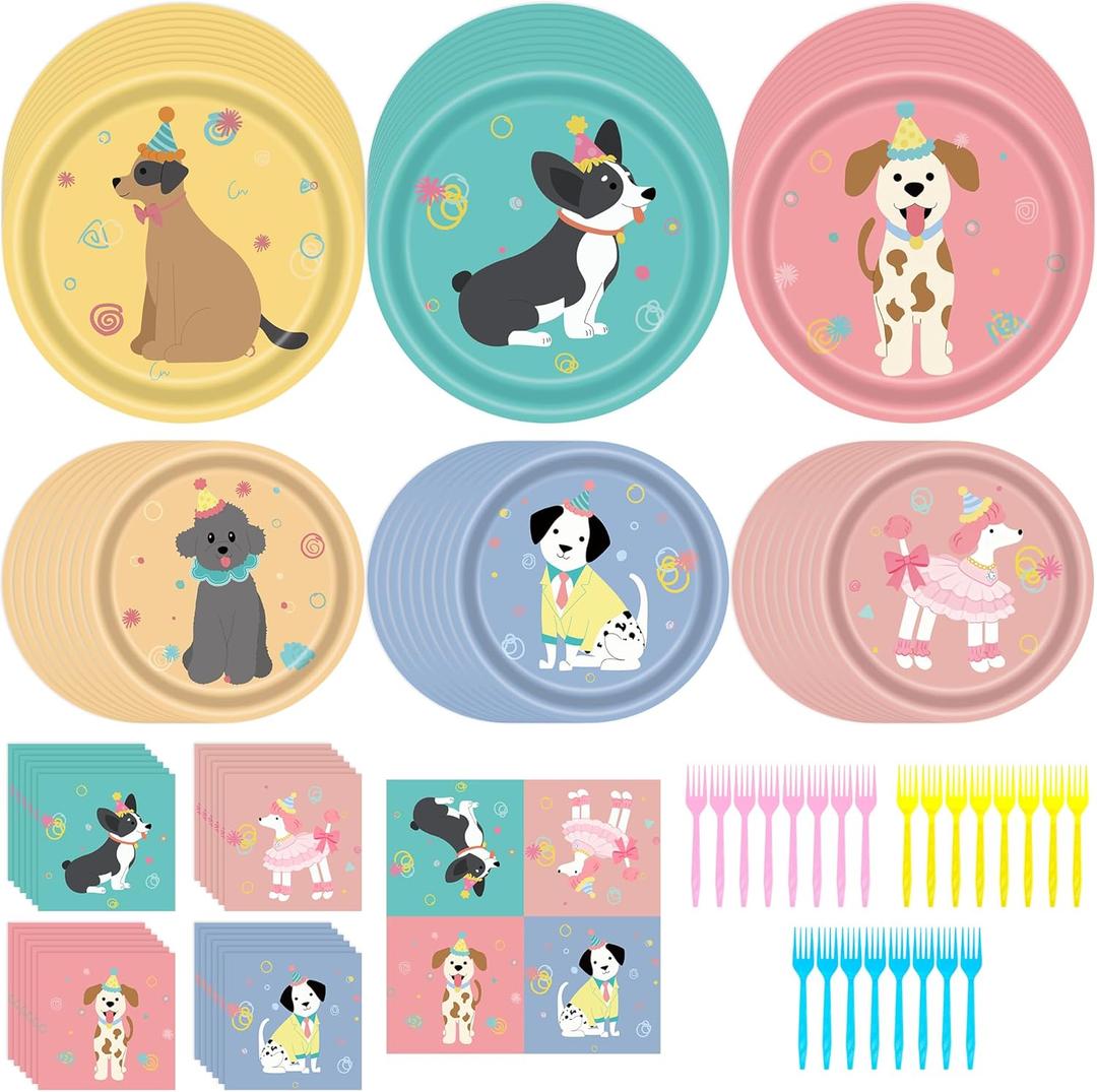 96Pcs Pet Dog Birthday Party Decorations, Disposable Puppy Themed Party Tableware Supplies with Paper Plates Napkins, Pet Dinnerware Decoration Set for Birthday Table Decor