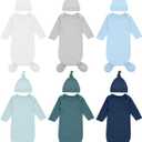 Cuffbow 6 Packs Newborn Baby Knotted Gowns Set 0-6 Months Cotton Sleeper Long Sleeve Nightgown and Hat Set for Infant Baby (Blue)