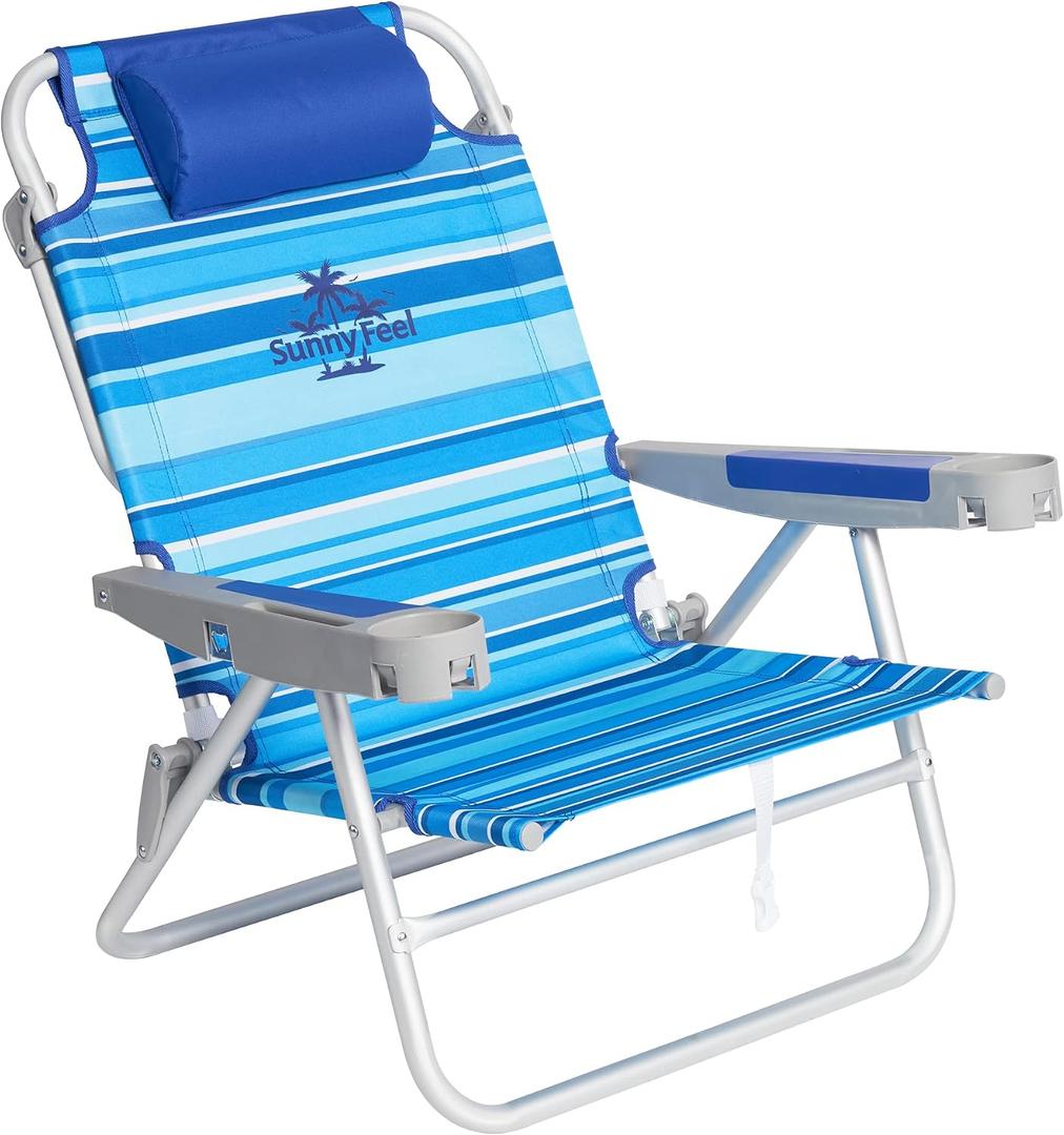 SUNNYFEEL Extra Wide 28" Low Beach Chair 5 Position Lay Flat, XL Oversized Portable Folding Camping Chairs with Cup Holder for Outdoor/Trip, Lightweight Foldable Backpack Beach Chair for Adults, X-Large