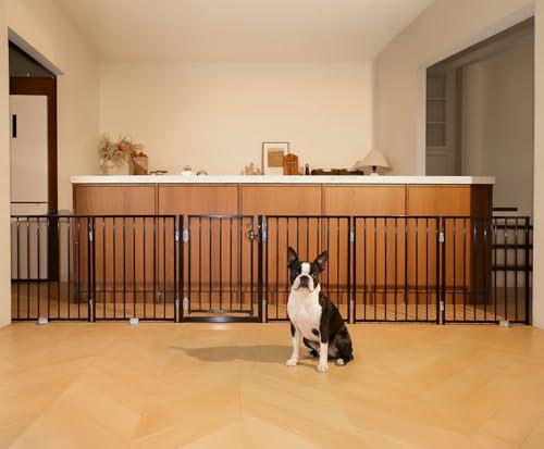 BFNN Metal Free Standing Dog Gate, 120" Extra Wide Foldable Pet Gate with Walk-Thru Door, Double-Locking Puppy Fence for Doorways, Stairs, Hallways, No Drill Heavy Duty Barrier for Dogs
