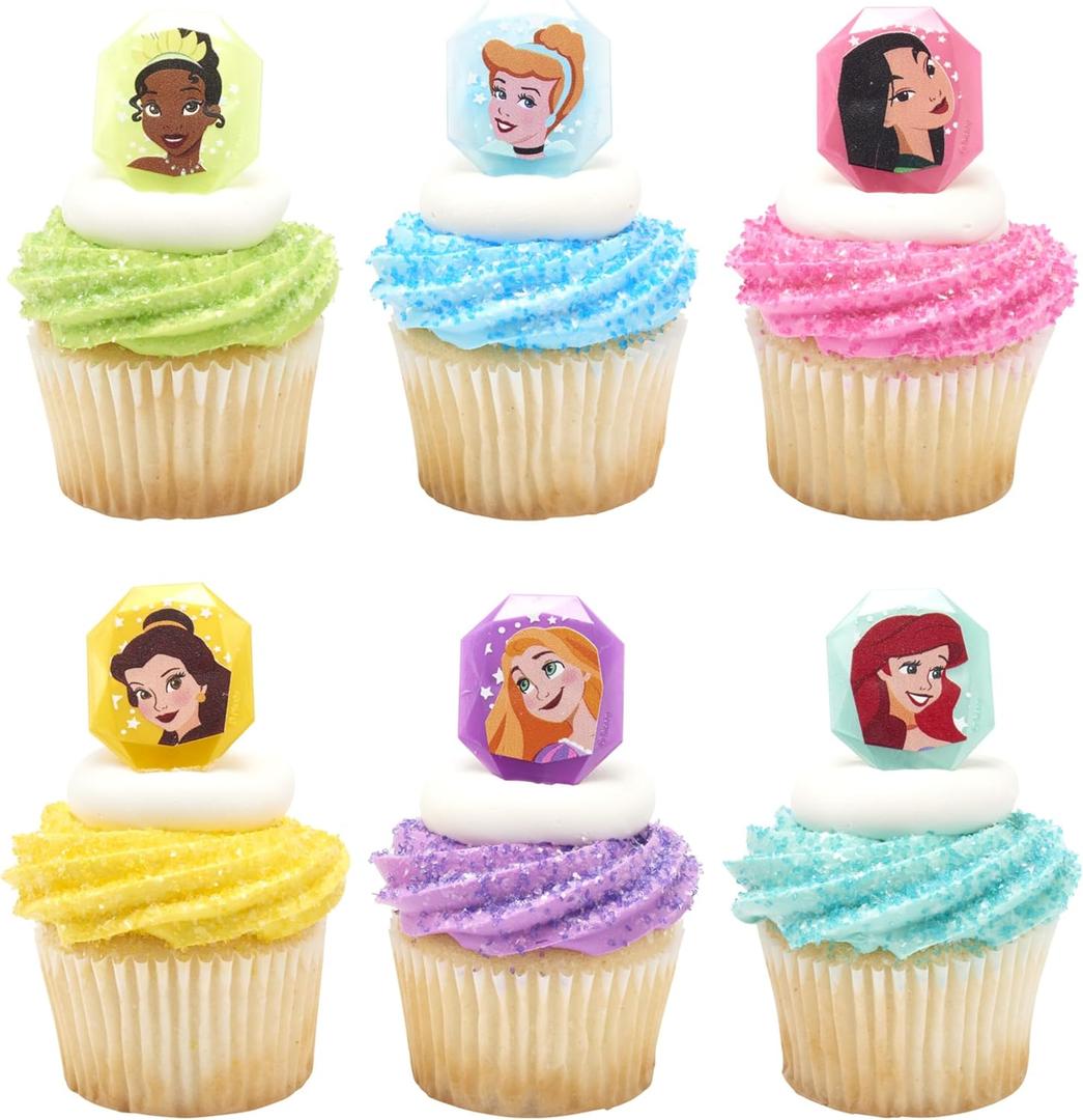 DecoPac Disney Princess Gemstone Rings, Cupcake Decorations Featuring Mulan, Cinderella, Tiana, Belle, Rapunzel and Ariel, Multicolored 3D Food Safe Cake Toppers  24 Pack