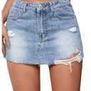 MakeMeChic Women's Ripped Distressed Trim Drop Waist Straight Hem Denim Mini Skirt Blue X-Small