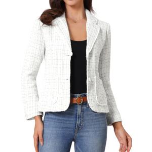 Allegra K Tweed Blazer for Women's Notch Lapel Long Sleeve 2025 Fall Elegant Business Casual Jacket (White, S)