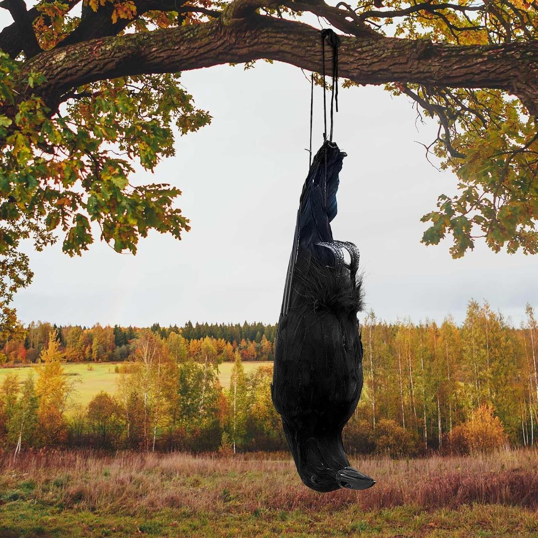 Lewtemi 1 Pcs 17 Inch Realistic Hanging Dead Crows Decoy Life Size Black Feathered Crow Fake Black Crows for Garden Decorations