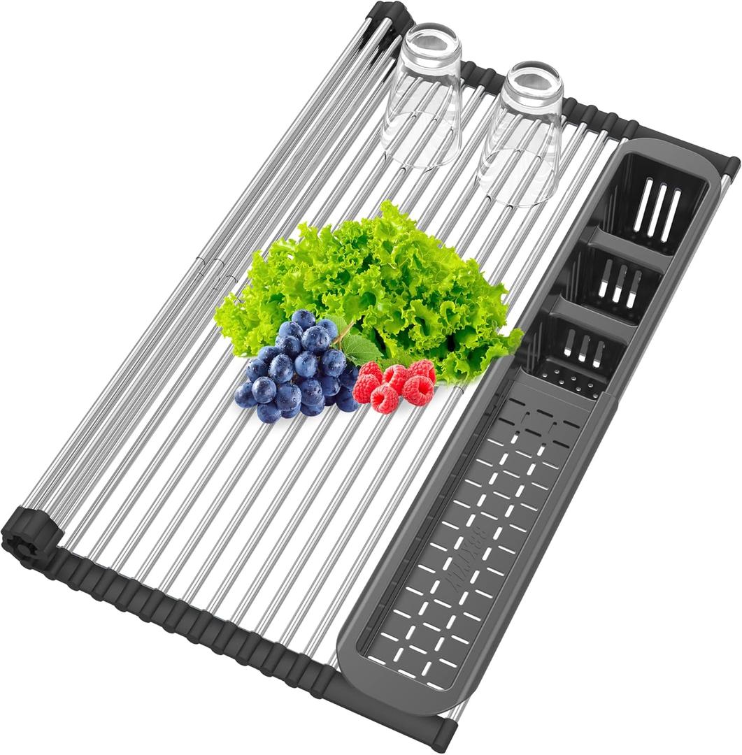 Extra Large Black Expandable Roll Up Dish Drying Rack,Over The Sink Kitchen Rolling up Dish Drainer, for Kitchen Sink CounterFoldable Sink Cover with Removable Utensil Holder(Expandable Width Size)