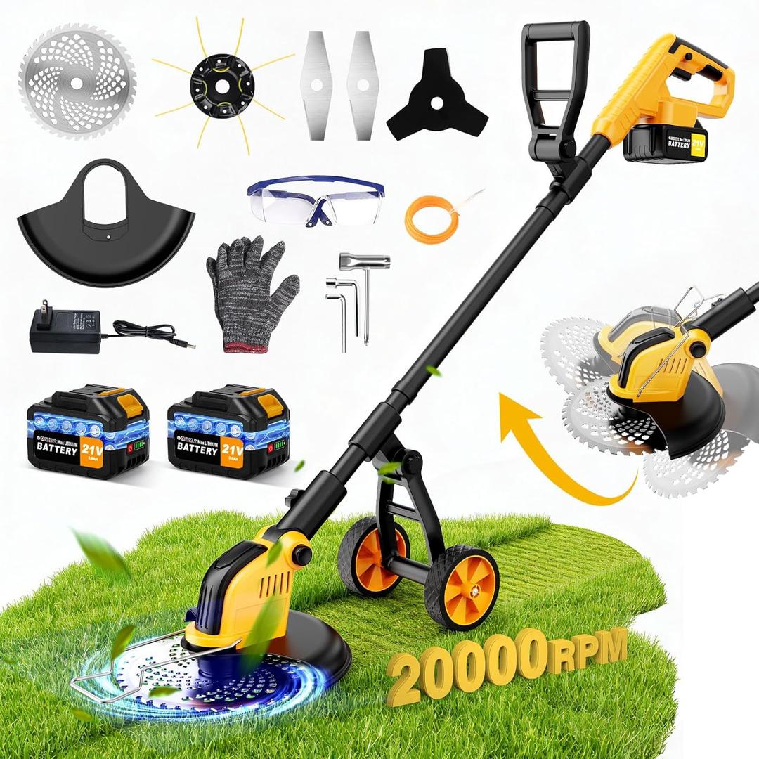 20000 RPM Electric Weed Wacker Battery Powered 6000mAh, 800W Brushless Weed Eater with Wheels, 4-in-1 Brush Cutter/String Trimmer/Grass Trimmer/Edger Tool,Stringless Weed Trimmer Metal Blade,2 Battery