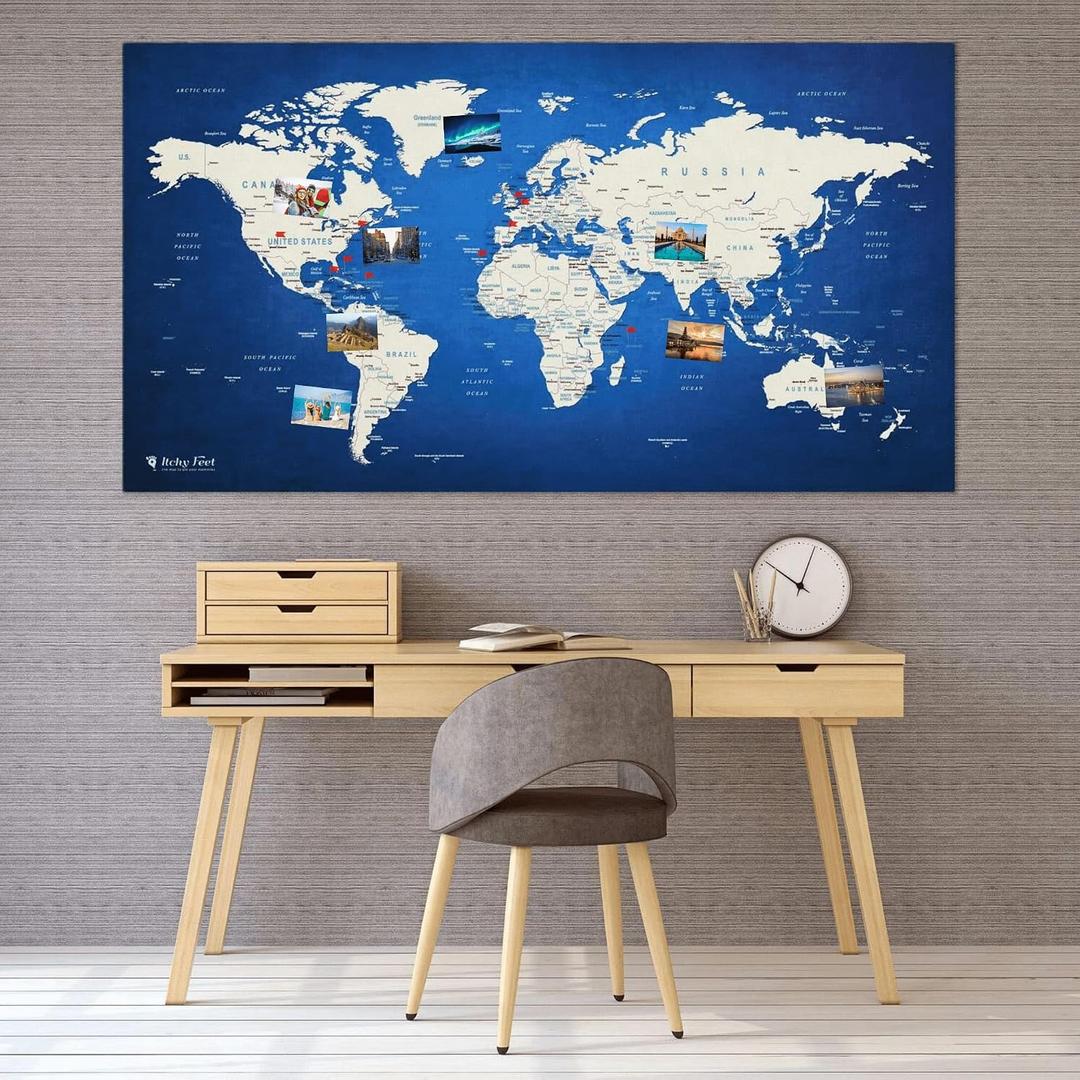 World Map XXL 51 x 28 inches in 'Error Blue', Fleece Wall Hanging as Travel Pin Board in Modern Wall Art Design, 20 Flag Push Pins Included