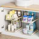 Delamu 2-Tier Multi-Purpose Bathroom Under Sink Organizers and Storage, Stackable Kitchen Pantry Organization, Pull Out Medicine Cabinet Organizer with Movable Dividers, Beige, 2 Pack