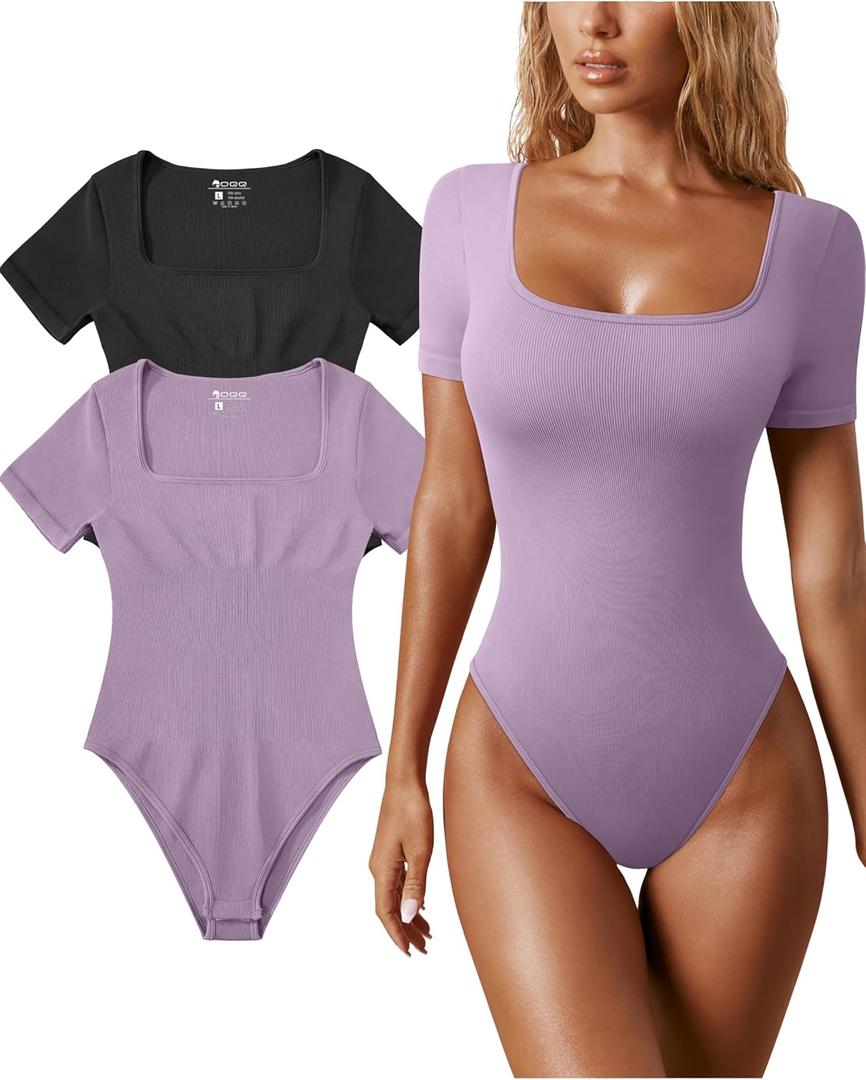 OQQ Women's 2 Piece Bodysuits Sexy Ribbed One Piece Square Neck Short Sleeve Bodysuits (Large, Black Taro Purple)