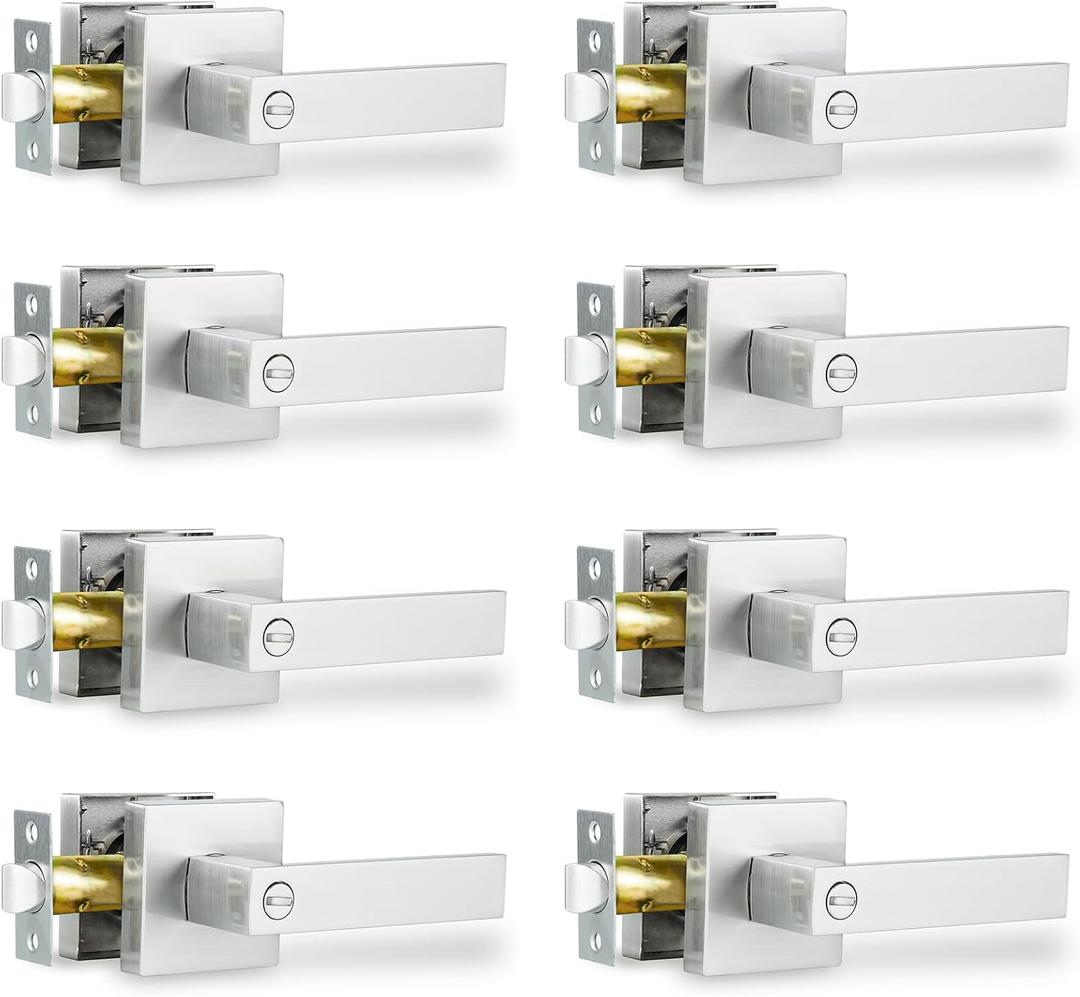 RAZCC Privacy Door Lever, Heavy Duty Interior Door Handles for Bathroom & Bedroom Privacy Door Lock Handle Keyless Door Knobs in Satin Nickel for Right & Left Sided Doors, 8 Pack