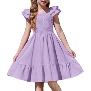 Arshiner Lilac Dress for Girls Off Shoulder Double Pleated Sleeve Smocked Easter Holiday Tween Dresses Size 14-16