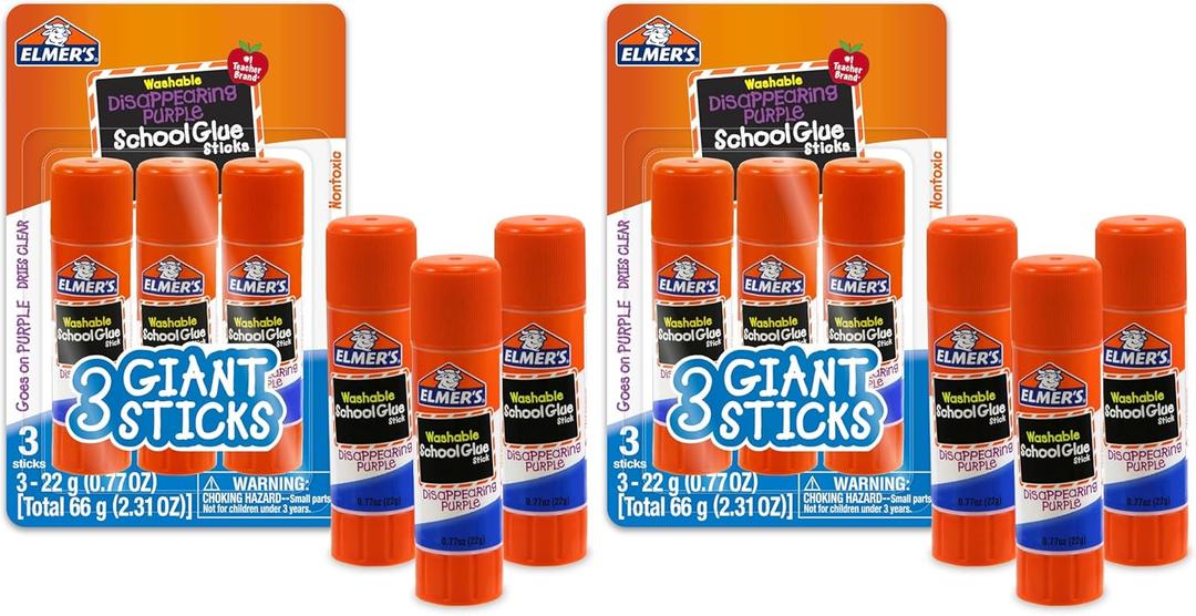 Elmer's Disappearing Purple School Glue Sticks, Washable, 22 Grams, Count of 3 (Pack of 2)