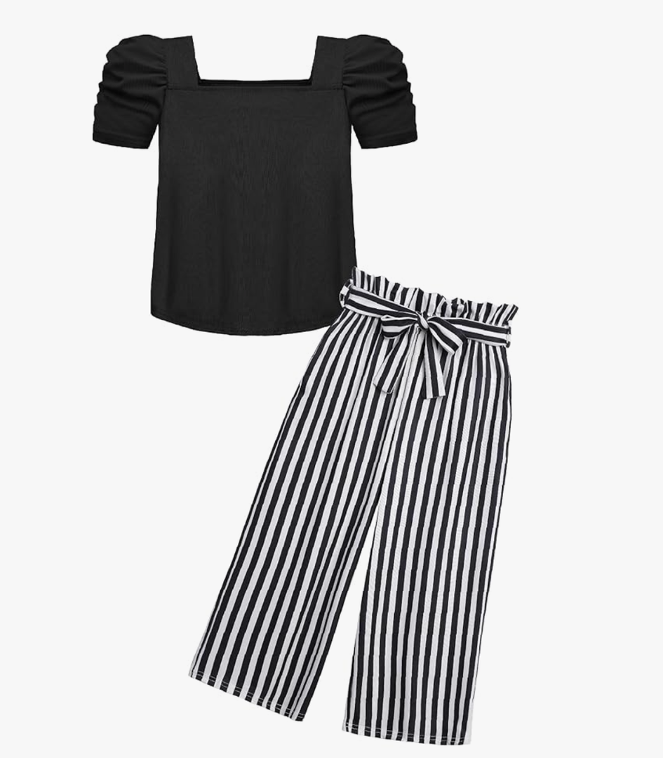 Arshiner Girls 2 Pieces Outfits Kids Square Neck Puff Sleeve Tops and Pants Set with Pockets 6-7Years