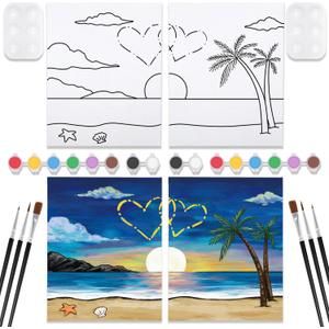 VOCHIC 2 Pack Sip and Paint Kit Pre Drawn Canvas for Painting for Adults Couples Date Night Games Outline Canvas Party Art Set Paints Brushes Pallets Valentine (12x16 Inches, Beach and Heart)
