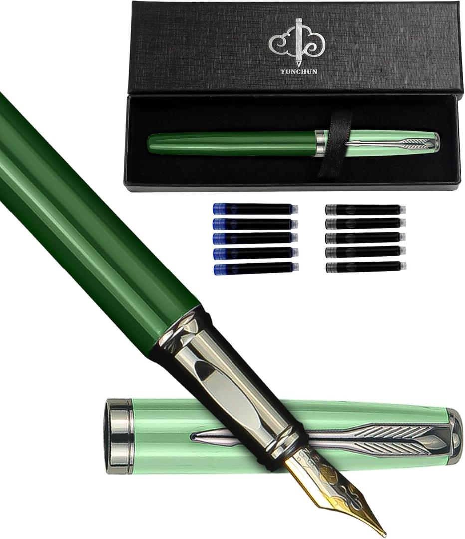 YUNCHUN Fountain Pens Set for Writing, Fancy Medium Nib Ink Pens of Morandi Color with 10 Black and 10 Blue Refills Cartridges, Best Pen Gift Set for Men Women, Office Professional Pen for Work, Green