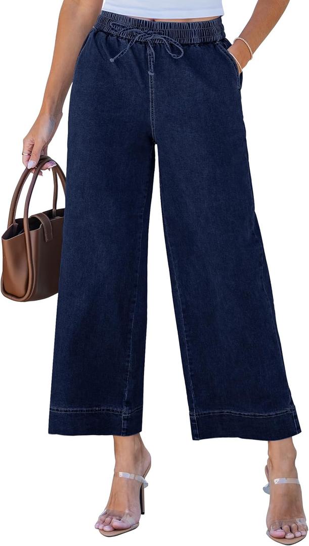 luvamia High Elastic Waisted Wide Leg Jeans for Women Crop Pants for Women Pull On Denim Pants Darkness Blue XX-Large Fits Size 20 / Size 22