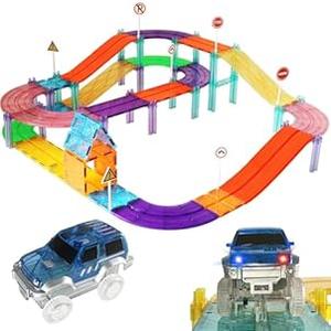 BOLORBT 97PCS Magnetic Race Track Magnet Tiles Road Set Toys for Kids with LED Cars Roads Signs STEM Sensory Educational Learning Montessori Toy for Toddlers Boys Girls Age 3-7 4-8 8-10 