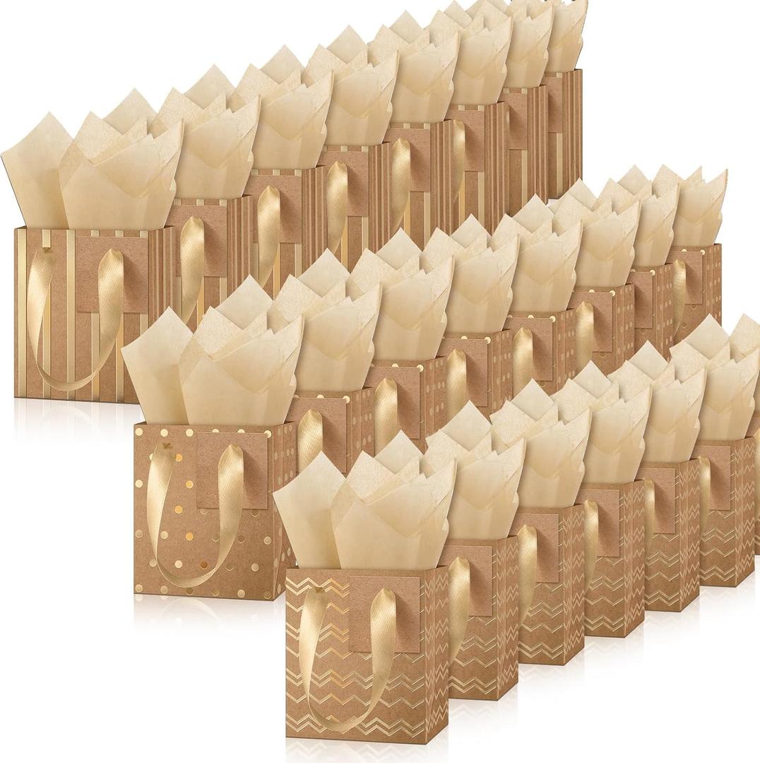 Tenare 24 Pcs Small Gift Bags Mini Metallic Paper Bags Bulk Tiny with Handles Tissue Paper for Jewelry Gift Wrapping St Patrick's Day Easter Spring Party Supply(42.754.5 Inch,Brown Gold)