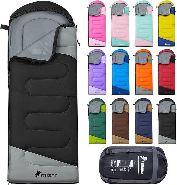PTEROMY Sleeping Bags for Adults, Lightweight and Machine Washable, Water Resistant Backpacking Camping Sleeping Bag for Warm Cold Weather, Camping Essentials for Hiking Travel Black 50°F~80°F / 3 Season