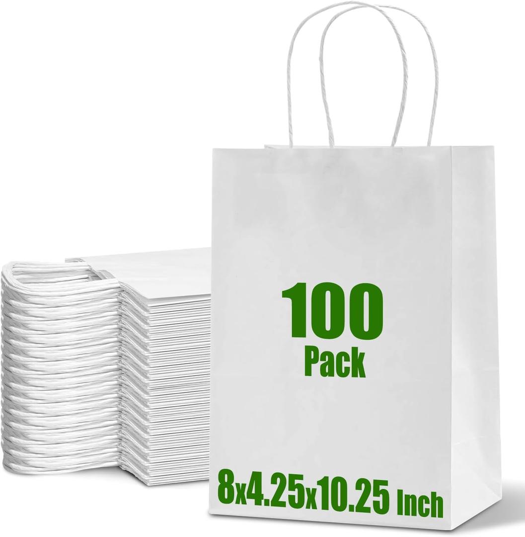 Ginkgo 100 Pack Paper Gift Bags with Handles, Medium Size White Paper Bags Bulk, 8x4.25x10.25 Kraft Bag for Shopping, Grocery, Business, Retail, Party Favor, Takeout, Goodie, Craft