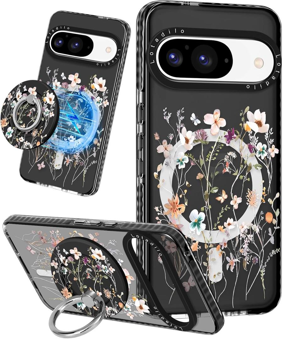 Lotadilo Cute for Google Pixel 9 Pro/9 Case - Compatible with Magsafe Magnetic Ring Holder Stand Kickstand for Women Girls Girly Funny Fashion TPU Phone Case, Dried Flower