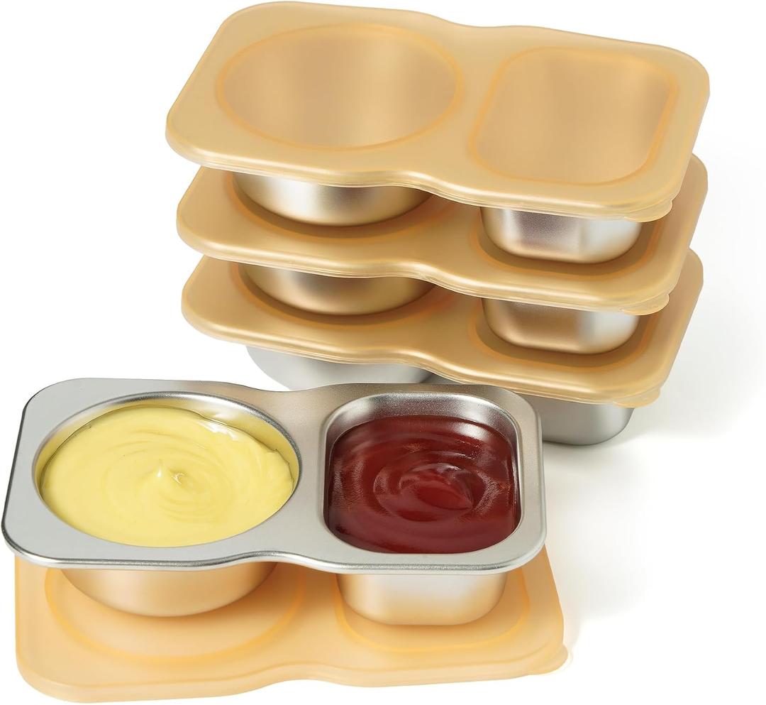 4 Pack Stainless Steel 2-Compartment Small Snack Containers with Lids 5.3oz Lunchable Meal Prep Containers for Adult Reusable Divided Stackable Bento Lunch Box Accessories for Home Travel
