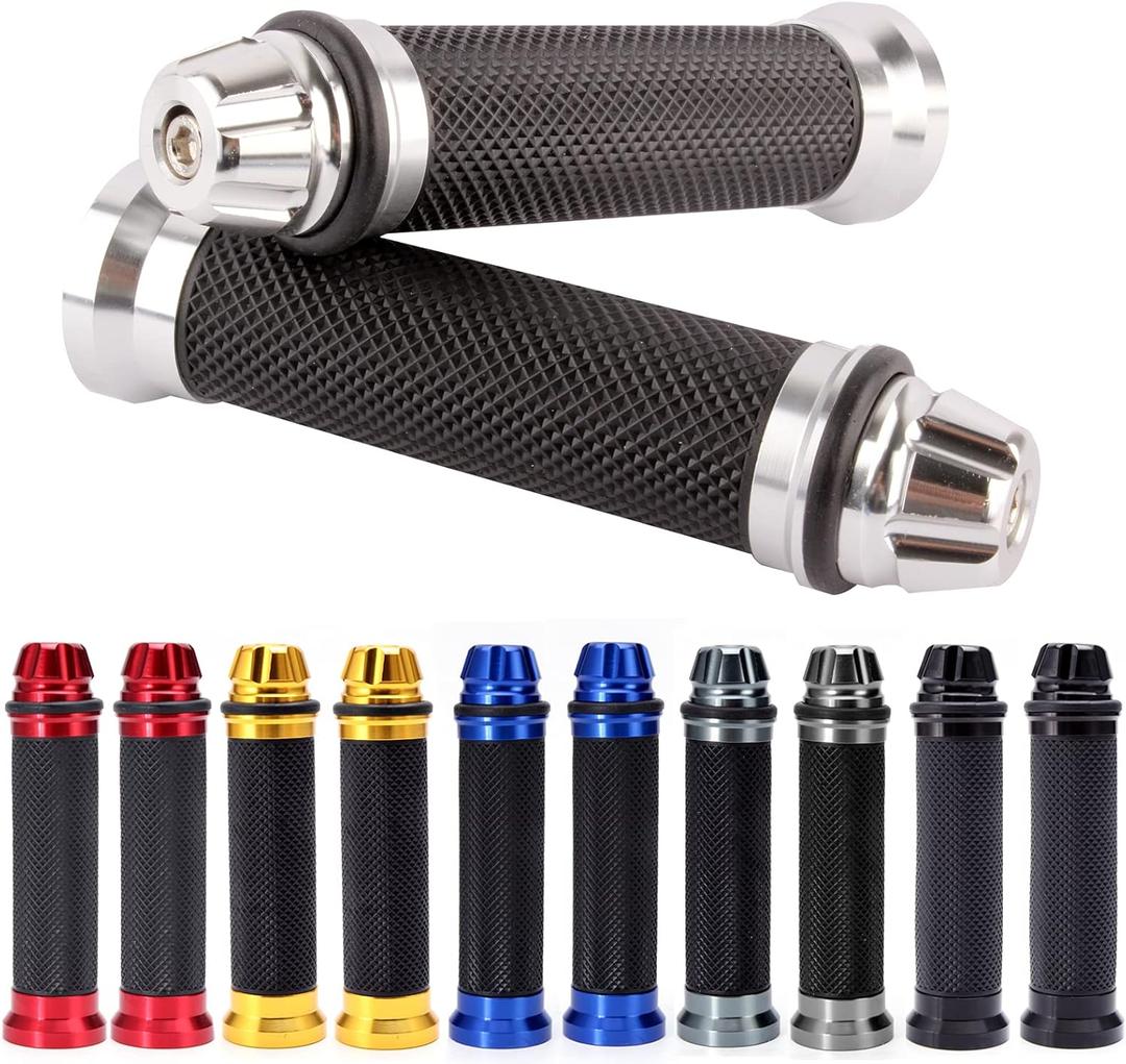 Universal 7/8" 22mm Motorcycle Handlebar Grips - Gel Rubber Compatible with Chopper, Cruiser, Street, Dirt Bike (Silver)