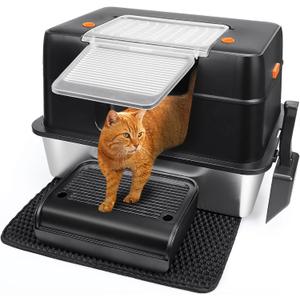 Vivifying Stainless Steel Litter Box, XL Side Entry Extra Large Litter Box with Lid for Big Cats & Kitty, Removable Enclosed Metal Cat Pan with High Sided Enclosure, Scoop (Black)