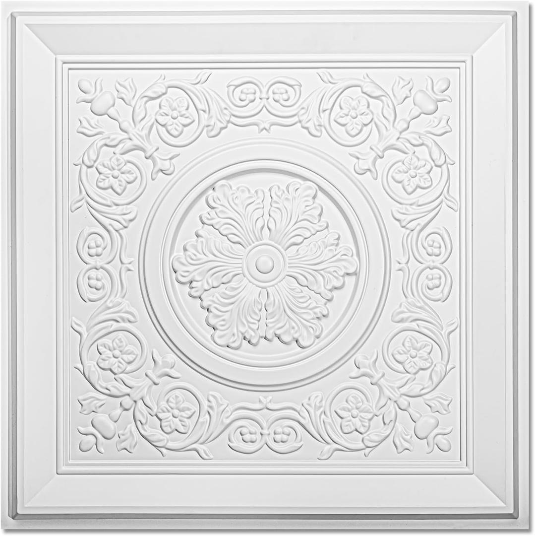 WOWSTAR 12-Pack 24"x24" Drop Ceiling Tiles, Waterproof Glue up Vintage Style 3D Ceiling Tiles, White