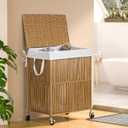 WOWLIVE Laundry Hamper with Wheels, Handwoven Rolling Laundry Basket with Lid, Clothes Hamper with Divided Removable Liner Bag, 115L Large Capacity Laundry Sorter Laundry Room Organization, 115L(22 x 13 x 26.4 Inches), Natural