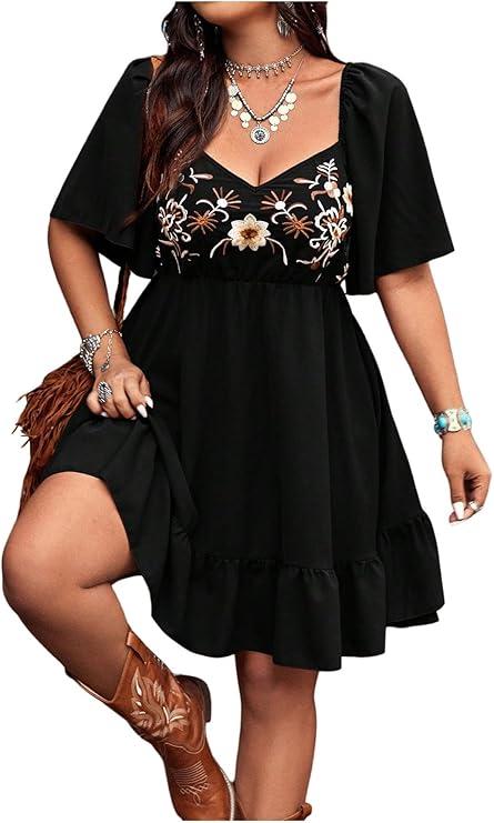 Verdusa Women's Plus Size Western Boho Floral Dress Cowgirl Country Concert Vacation Outfits Flowy Summer Dresses