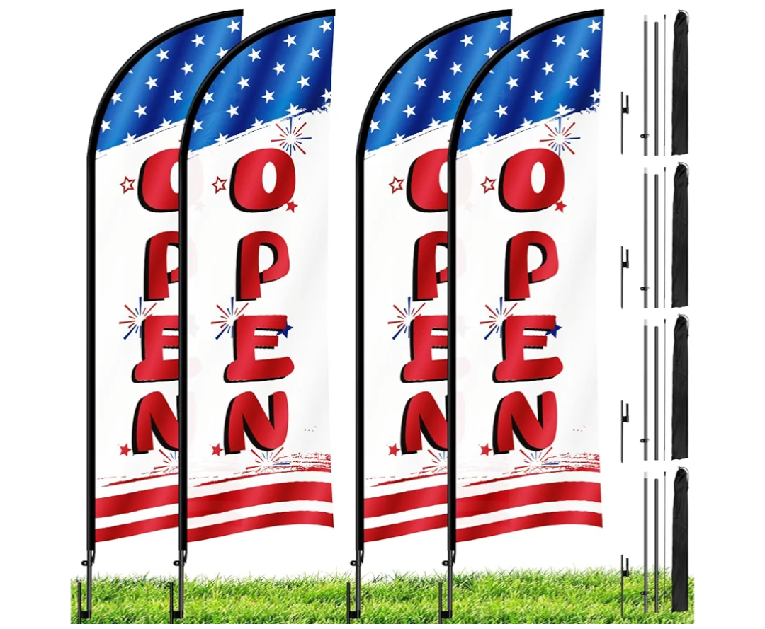 11FT Open Feather Flag with Pole Kit & Ground Stake, 4 Pack Advertising Flags for Outside Businesses and Events Promotion (Red, White & Blue)