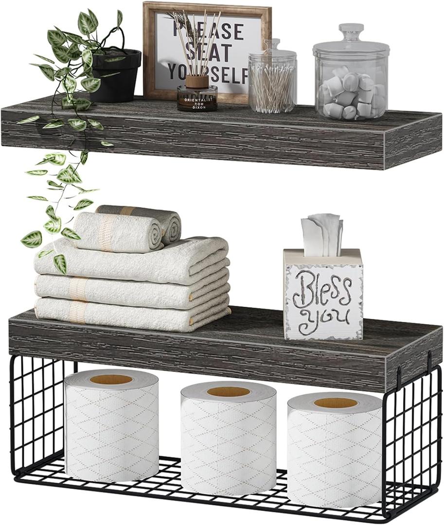 QEEIG Bathroom Shelves Over Toilet - Wall Mounted Floating Shelves Toilet Paper Storage Small Farmhouse Decor Shelf 16 inch Set of 2, Grey (019-GY2)