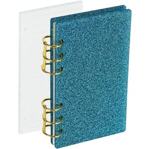 Koqye A6 Acrylic 6-Ring Binder Notebook, Blue Glitter Loose Leaf Personal Planner Budget Binder 90 Sheets Lined Refills Paper, Lay Flat Design, Gold Metal Round Ring for Student Refillable Travel Office Supplies