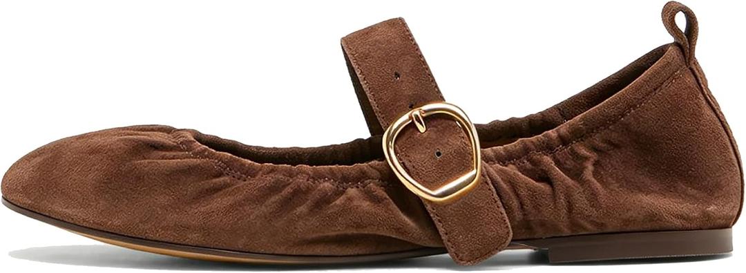 3 x VOLEECE Women's Ruched Ballet Flats Buckle Strap Mary Jane Flat Shoes Slip On Soft Faux Suede Round Toe Comfort Ballerina for Casual Dress (Brown), Sizes 7.5