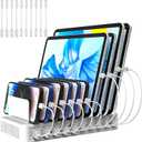 Charging Station for Multiple Devices, 100W 10 Ports Flat Plug Charging Dock with 10 Cables Smart IC Tech and Adjustable Dividers Type-CMulti USB Charger for iPhone Galaxy iPad TabletWhite
