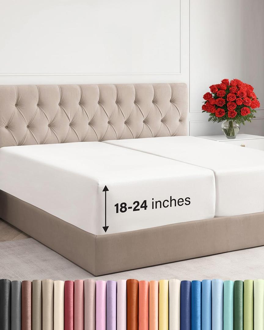 Extra Deep Split King Fitted Sheet - Hotel Luxury Single Fitted Sheet Only - Easily Fits 18 to 24 inch Mattress - Ultra Soft, Wrinkle Free with Extra Deep Pockets - Breathable & Comfy - Antique White