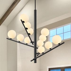 12-Light Milk Glass Ball Chandelier 39 Large Sputnik Chandelier Adjustable Modern Linear Sputnik Pendant Light Mid-Century Black Pendant Light Fixture for Kitchen Living Room Dining Room