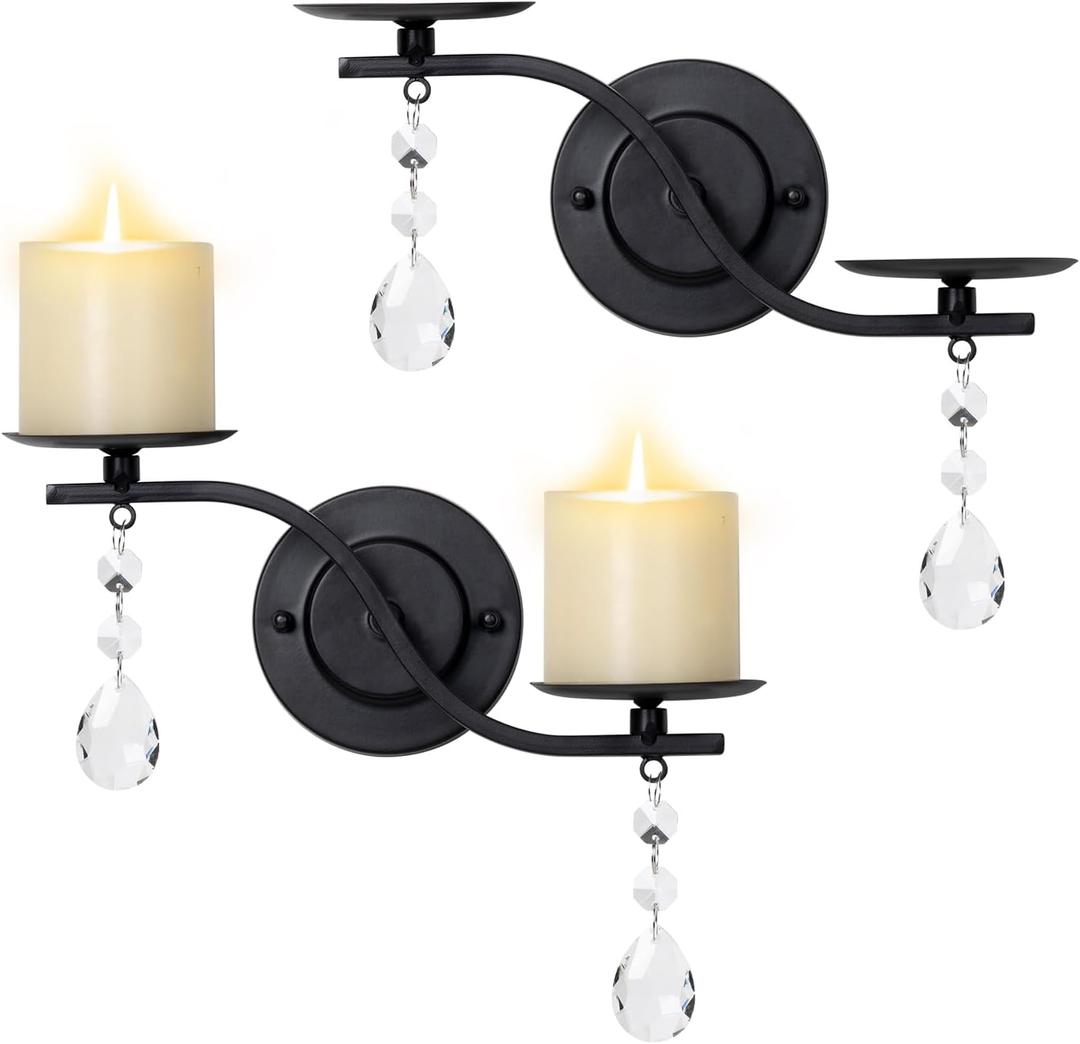 Black Candle Sconces,Wall Mount Candle Holder,Dual arm Design Metal Sconces with Crystal Ornament for Home Decor-Set of 2.