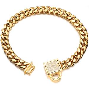 Gold Dog Chain Collar 10mm Wide Cuban Link Puppy Collar 316L Stainless Steel with CZ Diamond Lock Bling Collar for Large Dogs(10mm Gold,20inch)